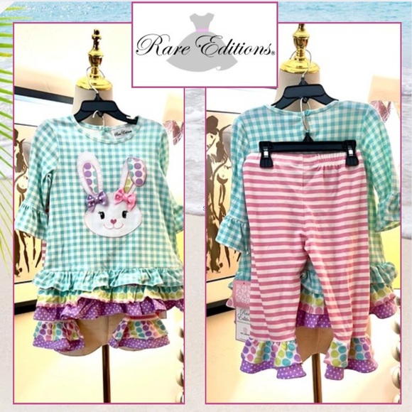 NWT,Rare Editions,2-Pc Set, Whimsical Bunny Design,Ruffled Top & Pants, Size 4T - Picture 1 of 6